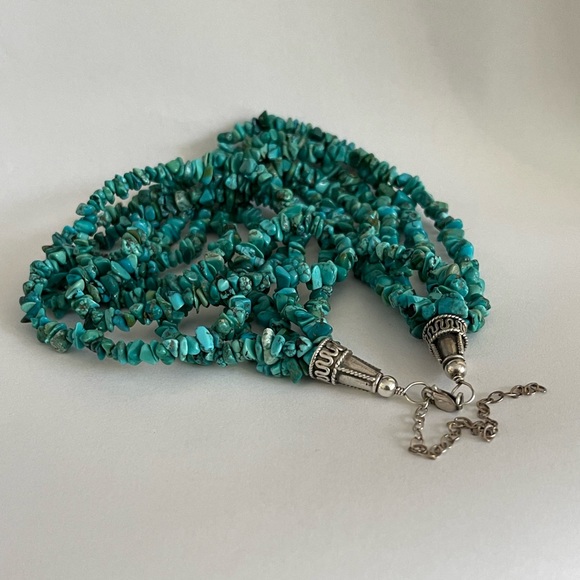 Vintage Jewelry - 5 strand genuine natural turquoise bead sterling silver necklace